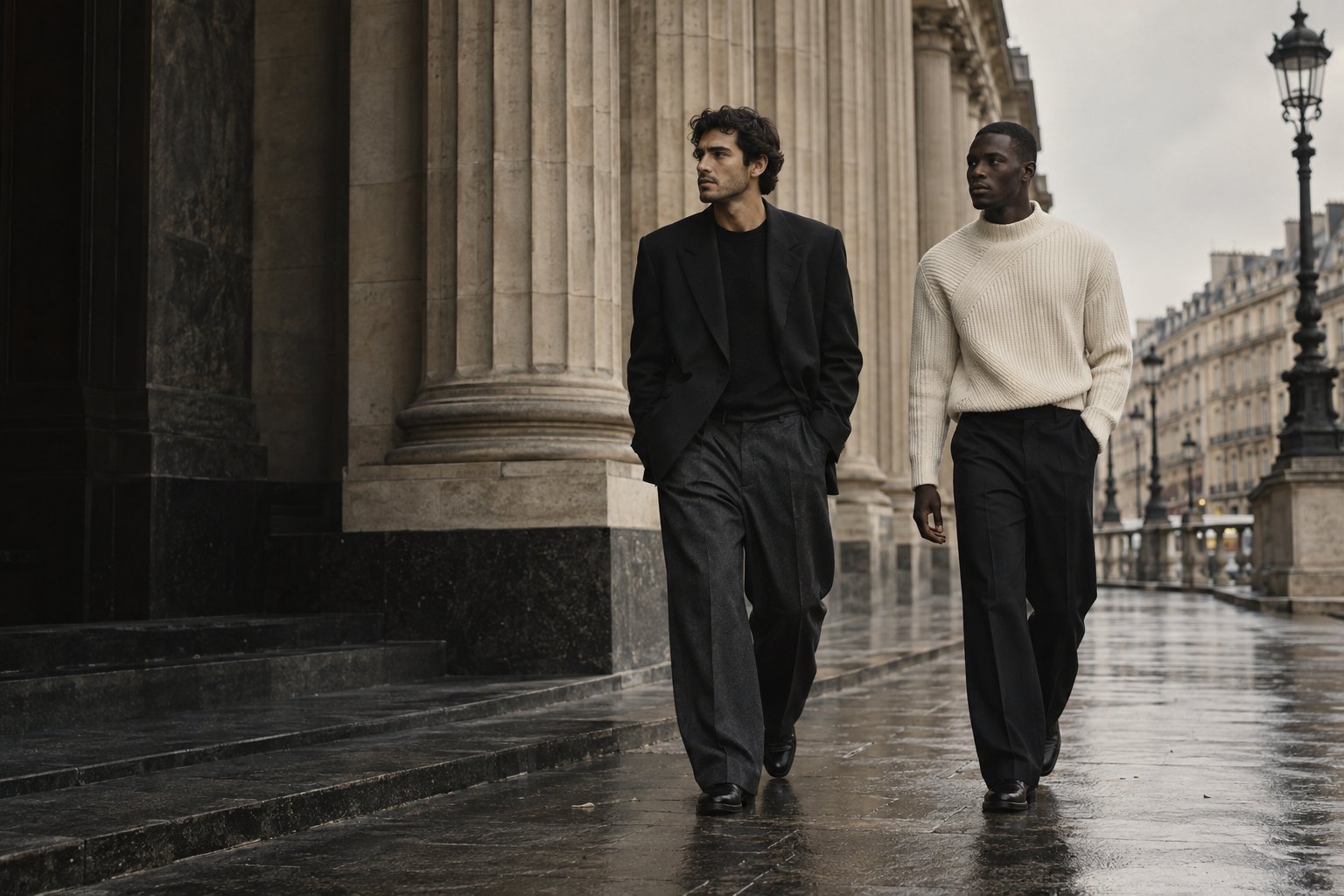 Visuel d'ambiance Gauthier : deux hommes en silhouettes contemporaines devant une architecture parisienne.